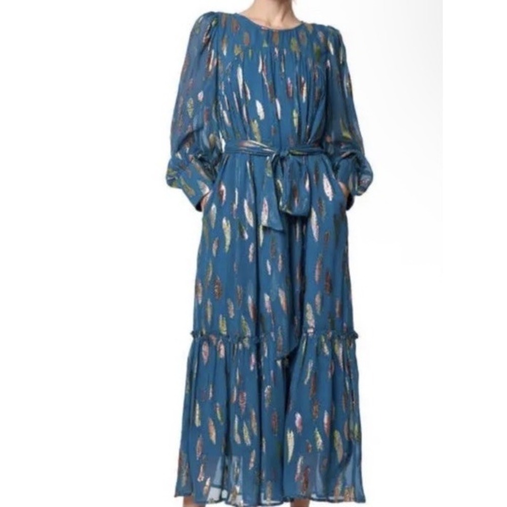 CIEBON Size Medium Eryn Metallic Print Tie Waist Long Sleeve Maxi Dress Sea